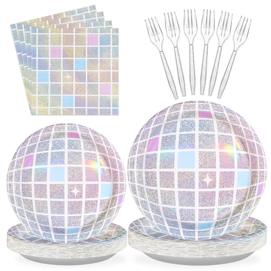 96Pcs Disco Party Supplies Pink Pastel Silver Disco Ball Plates and