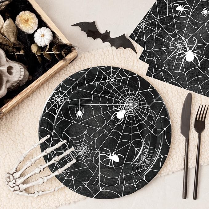 100 Pcs Halloween Spider Web Tableware Party Supplies Set Serves 25