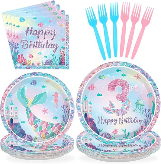 96Pcs Mermaid 3rd Birthday Party Decorations Mermaid 3rd Plates