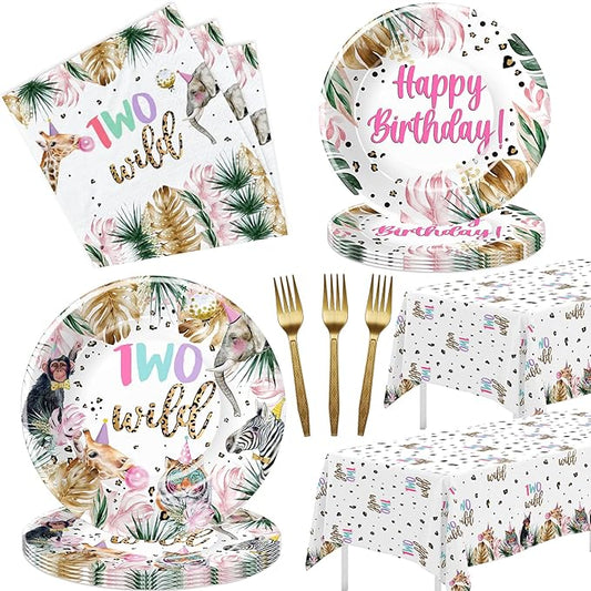 Two Wild Birthday Decorations Girl Tableware Safari Jungle Animal