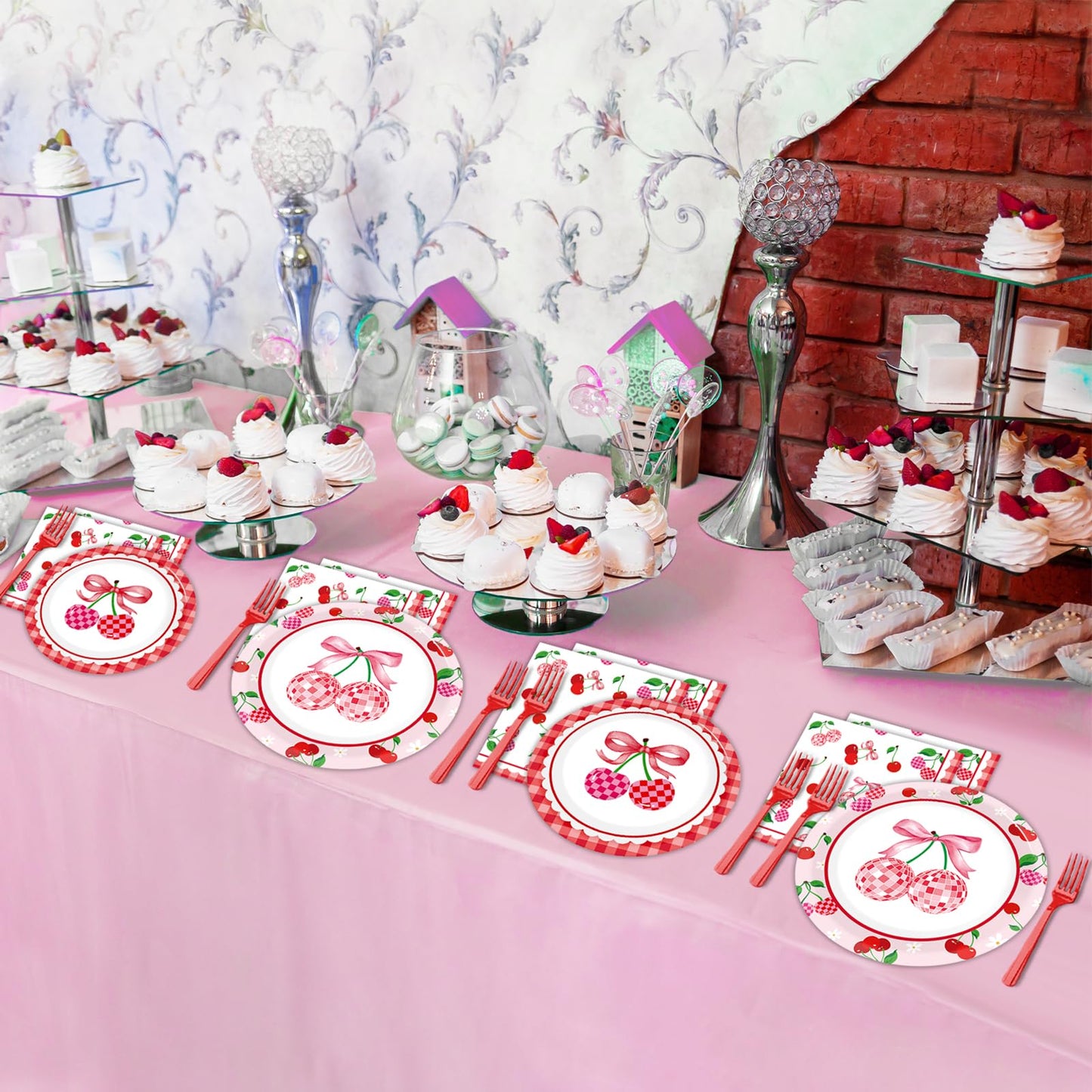 96Pcs Cherries Theme Plates and Napkins Pink Bow Cherry Birthday Party