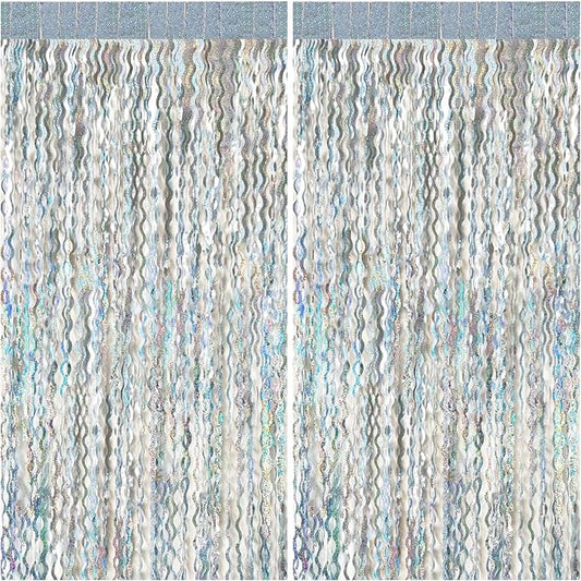 2 Pack Silver Backdrop Curtain Tinsel Streamers Sparkle Metallic Wavy