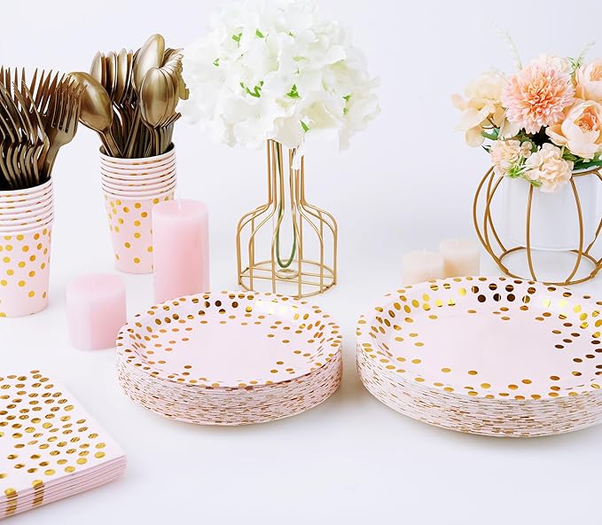 Pink and Gold Party Supplies - 350 PCS Disposable Dinnerware Set -