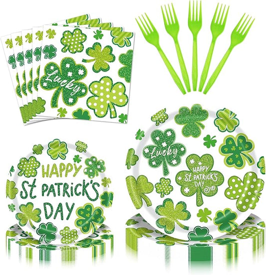 96 Pieces St Patrick's Day Tableware Set Green Shamrock Disposable