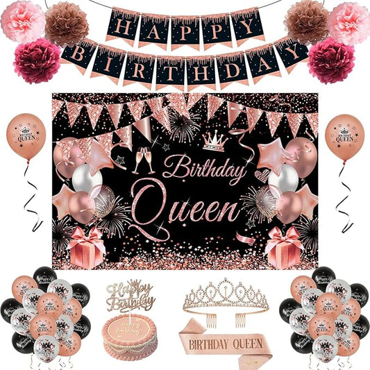 Happy Birthday Decorations for Women Girls Black Rose Gold Birthday