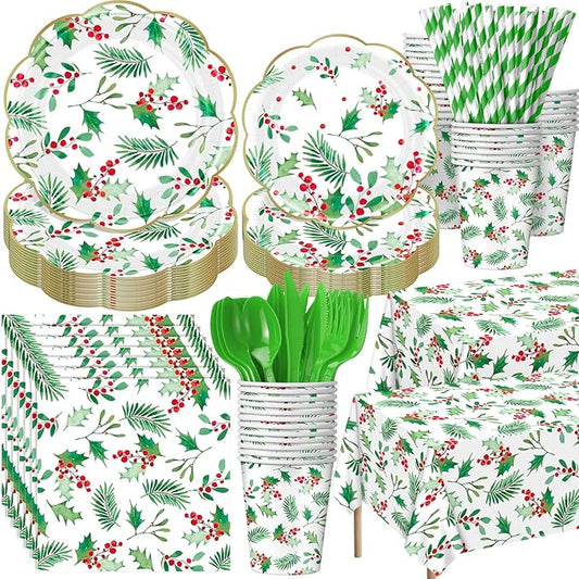452 Pcs Christmas Party Supplies for 50 Guest Holly Berry Leaves