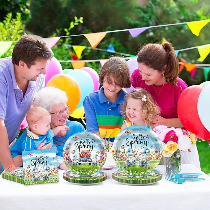 96Pcs Spring Party Supplies Hello Spring Paper Plates and Napkins