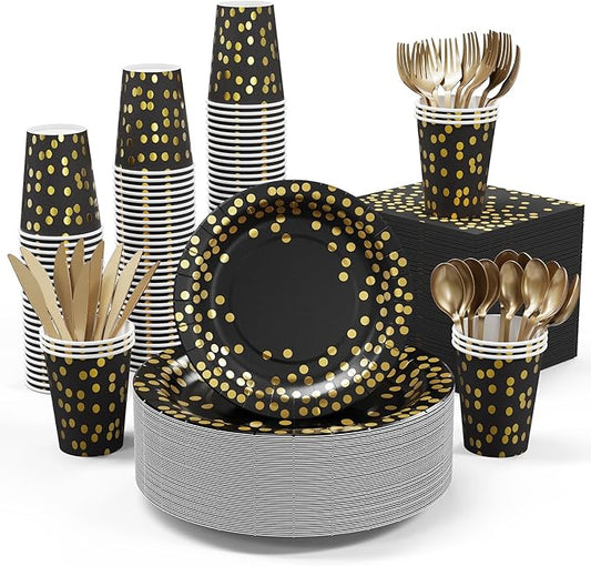 Black and Gold Party Supplies - 350 PCS Disposable Dinnerware Set -
