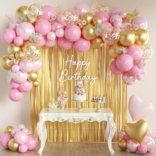 157PCS Pink and Gold Balloons Garland Arch Kit with Gold Fringe
