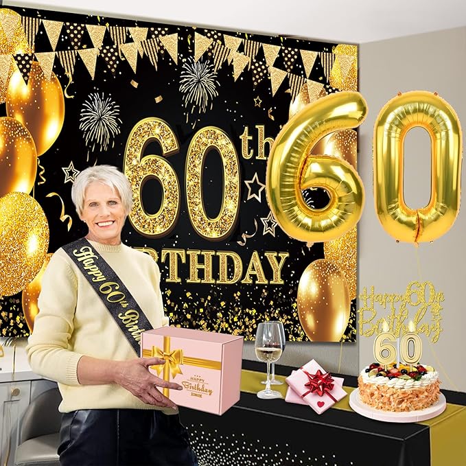 60th Birthday Decorations Men Women with 60th Birthday Banner Black