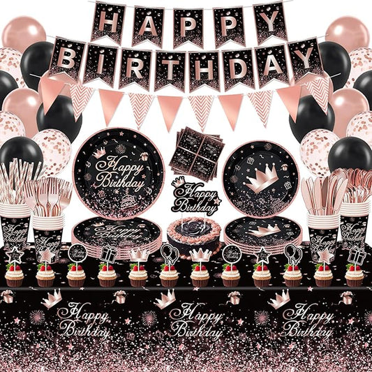 225 PCS Black and Rose Gold Party Decoration Rose Gold & Black Party