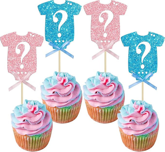 Ephlyn 24Pcs Gender Reveal Cupcake Toppers Glitter Pink Blue Bow