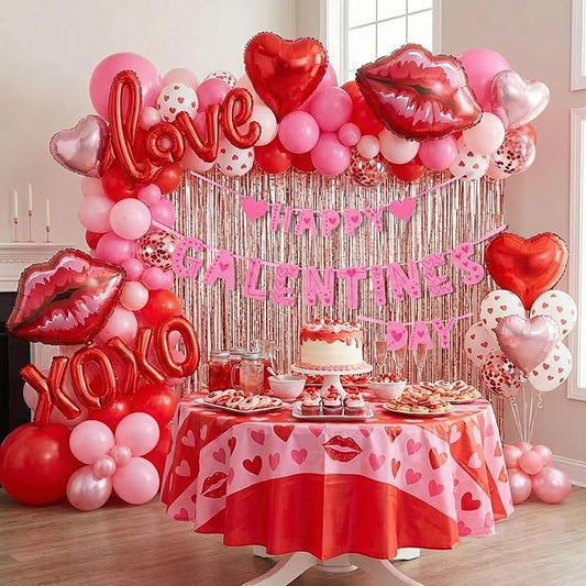Valentines Day balloon garland arch kit with Banner red Hot pink