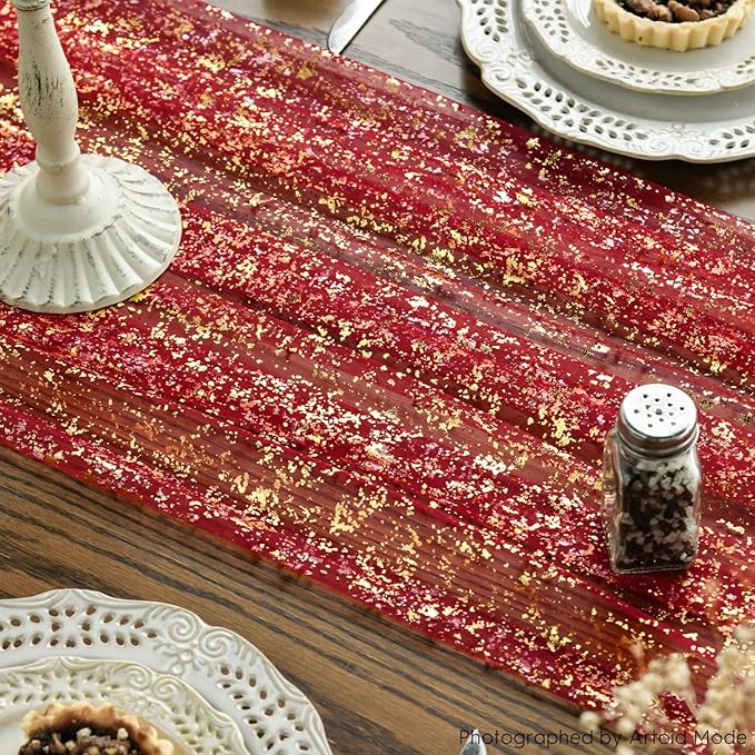 Mode 6PCS Red Gold Gauze Table Runner 120 Inch 10FT, Glitter