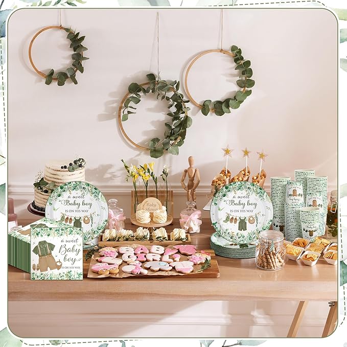 200 Pcs Greenery Baby Shower Paper Plates Napkins Cups Baby Shower