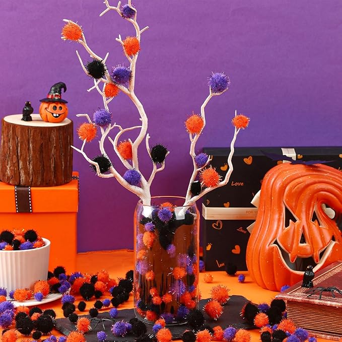 Halloween Pom Poms Balls 600 Pieces Orange Black Purple Craft
