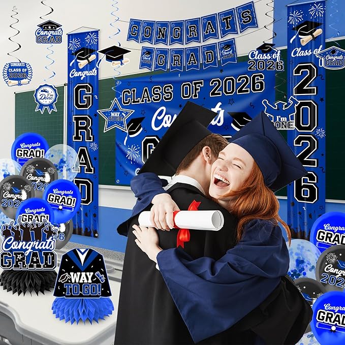 Graduation Decorations Blue Party Decor Set include Congrats Grad