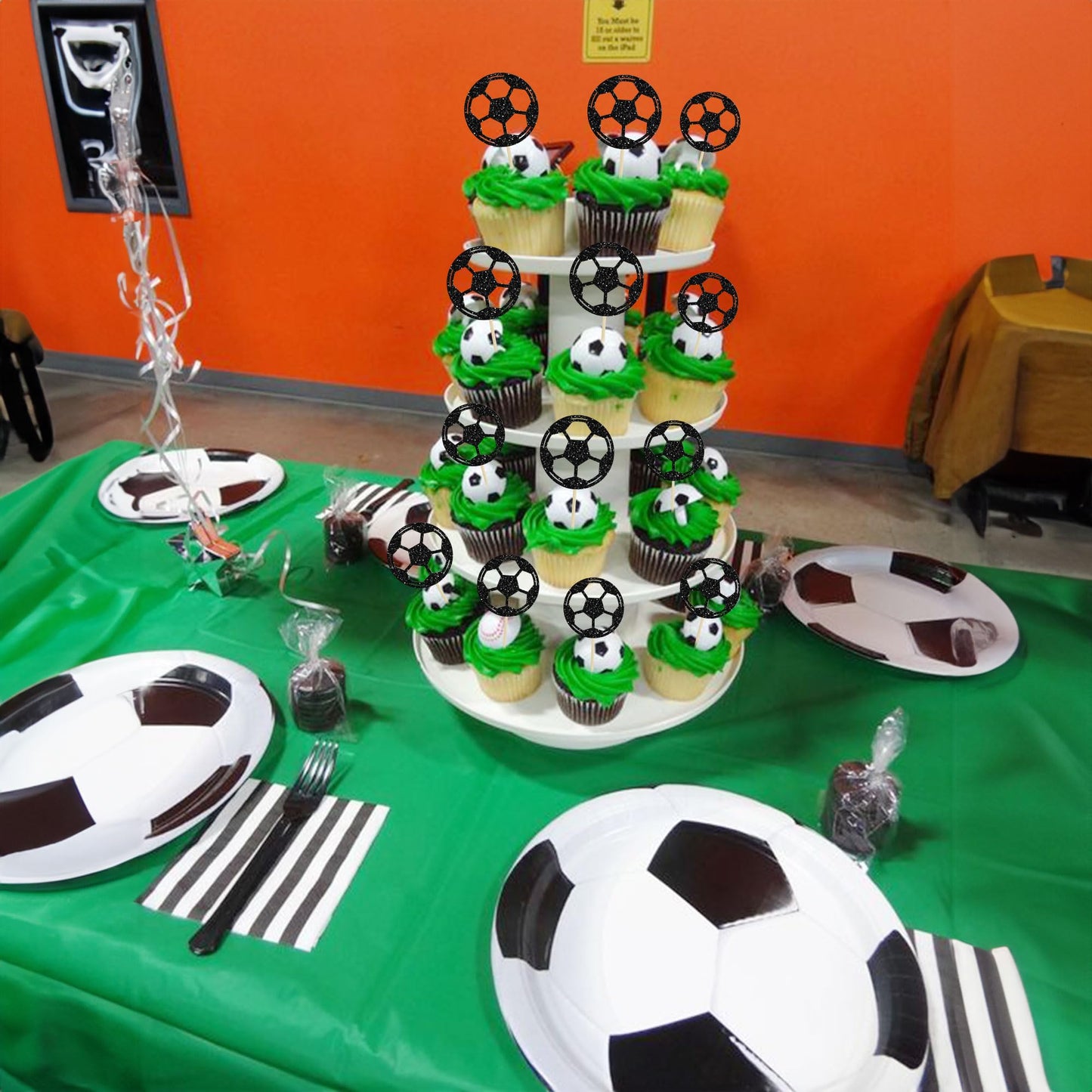24Pcs Soccer Ball Cupcake Toppers Black Glitter Sports Theme Football