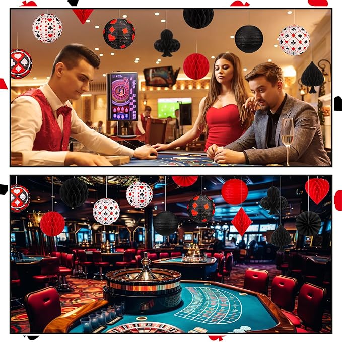 18 Pcs Casino Party Decoration 3D Poker Hanging Paper Lantern Red