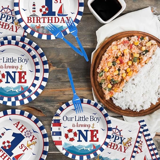 96Pcs Nautical Anchor Party Supplies Navy Anchor 1st Birthday Plates
