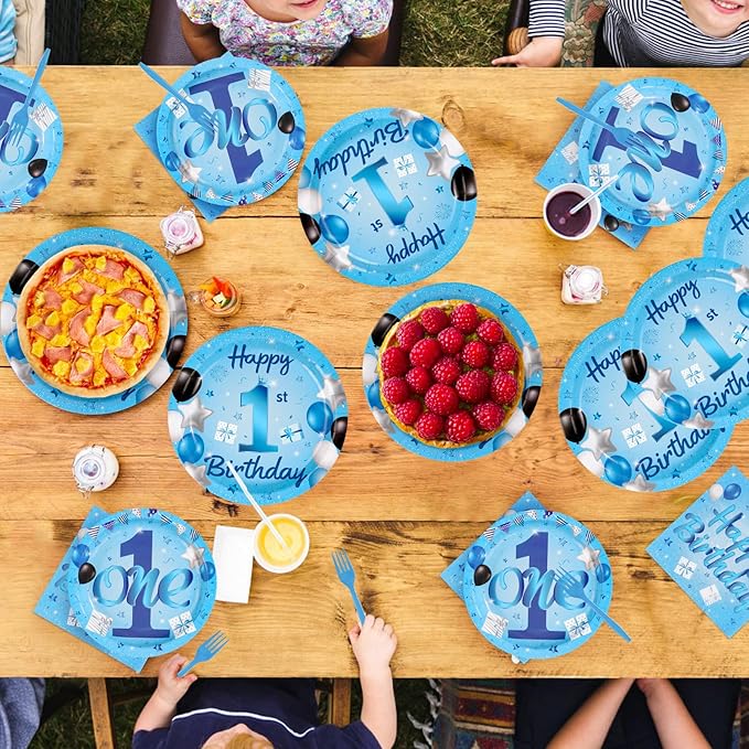 96Pcs Blue 1st Birthday Party Decorations Mr Onederful Plates and