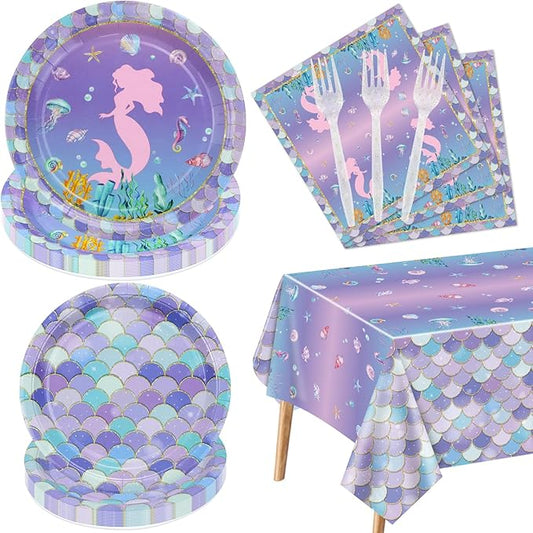 Mermaid Party Decorations 81Pcs Fish Scale Party Tableware Set Under