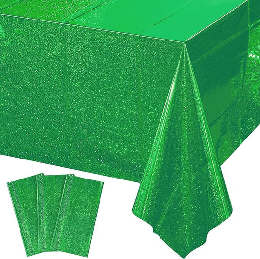 3 Pack Iridescent Green Plastic Tablecloths, Shiny Disposable Laser