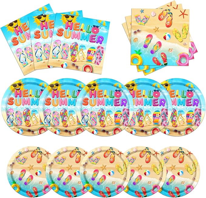 Beach Party Decorations 60 Pcs Hello Summer Flip Flop Decor Plates &
