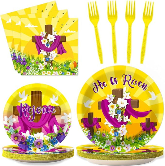 96 Pcs Easter Tableware Set He is Risen Plates Happy Easter Party