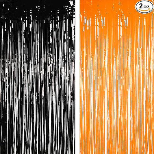 BRAVESHINE 1 Black 1 Orange Tinsel Photo Backdrop Curtains -