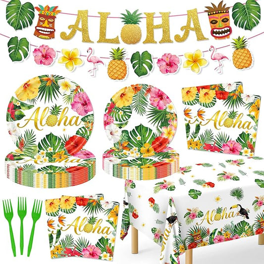 Luau Party Decorations 99Pcs Hawaiian Aloha Party Plates Serve 24