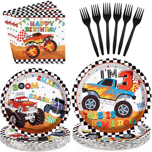 96 Pcs Monster Theme Truck 3rd Birthday Party Supplies Monster Theme