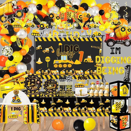348 Pcs Construction 1st Birthday Decorations Dump Truck One Year