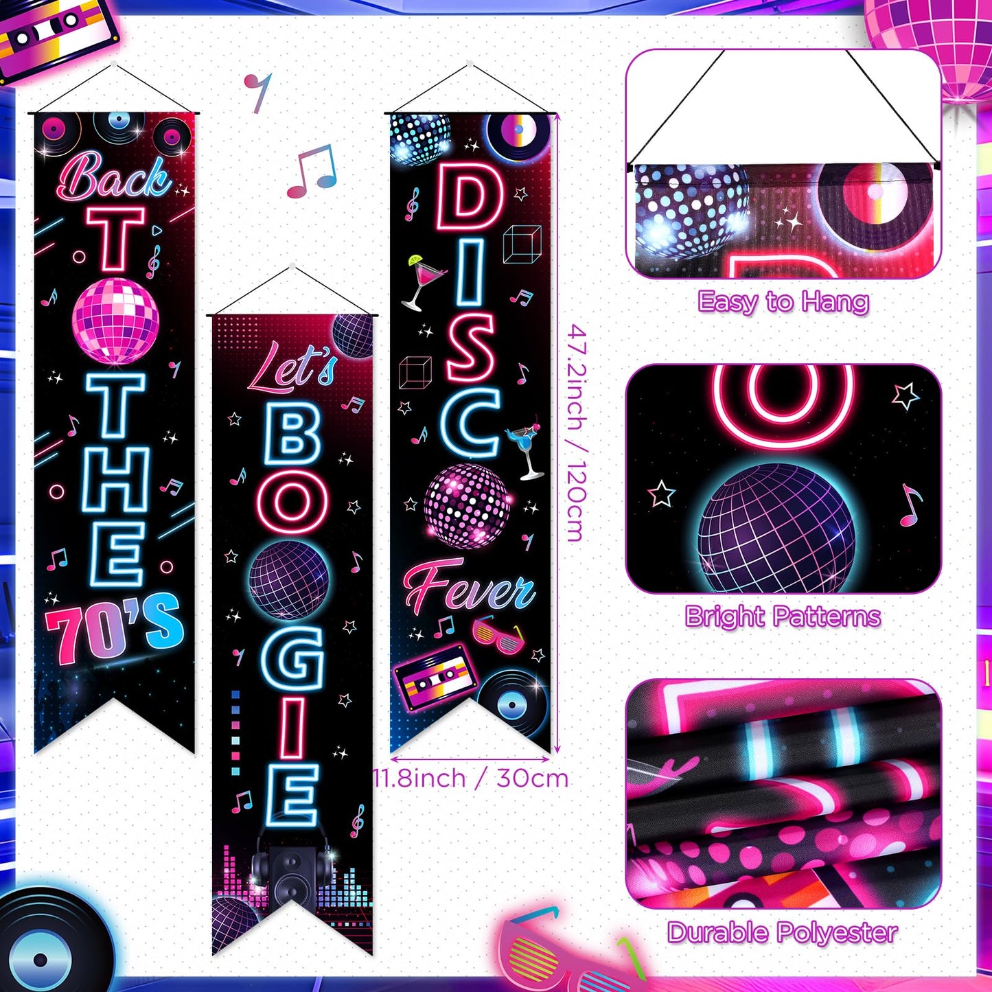 3Pcs 70s Party Decorations Back to The 70's Banner Let's Boogie Porch