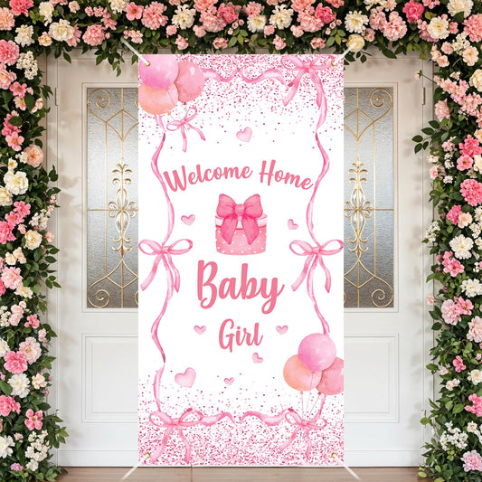 Welcome Home Baby Girl Banner Decorations Pink Bow Baby Shower