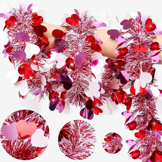 Valentines Day Garland with Hearts 50 Ft Pink Red Glitter Tinsel