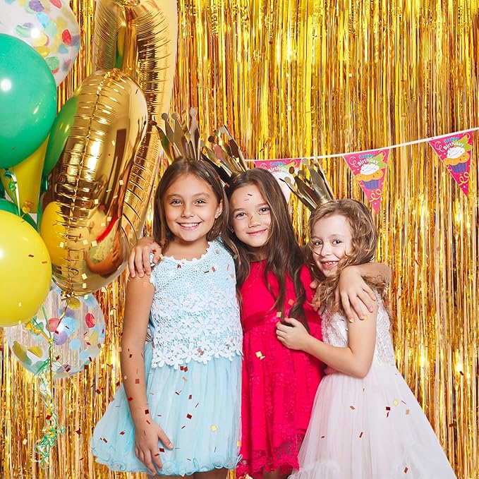 Gold Metallic Tinsel Foil Fringe Curtains, 2 Pack 3.3x8.3 Feet Party