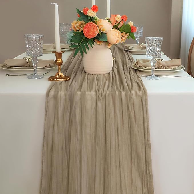 Snowkingdom 6 PCS Nude Brown Cheesecloth Table Runner, Taupe Light