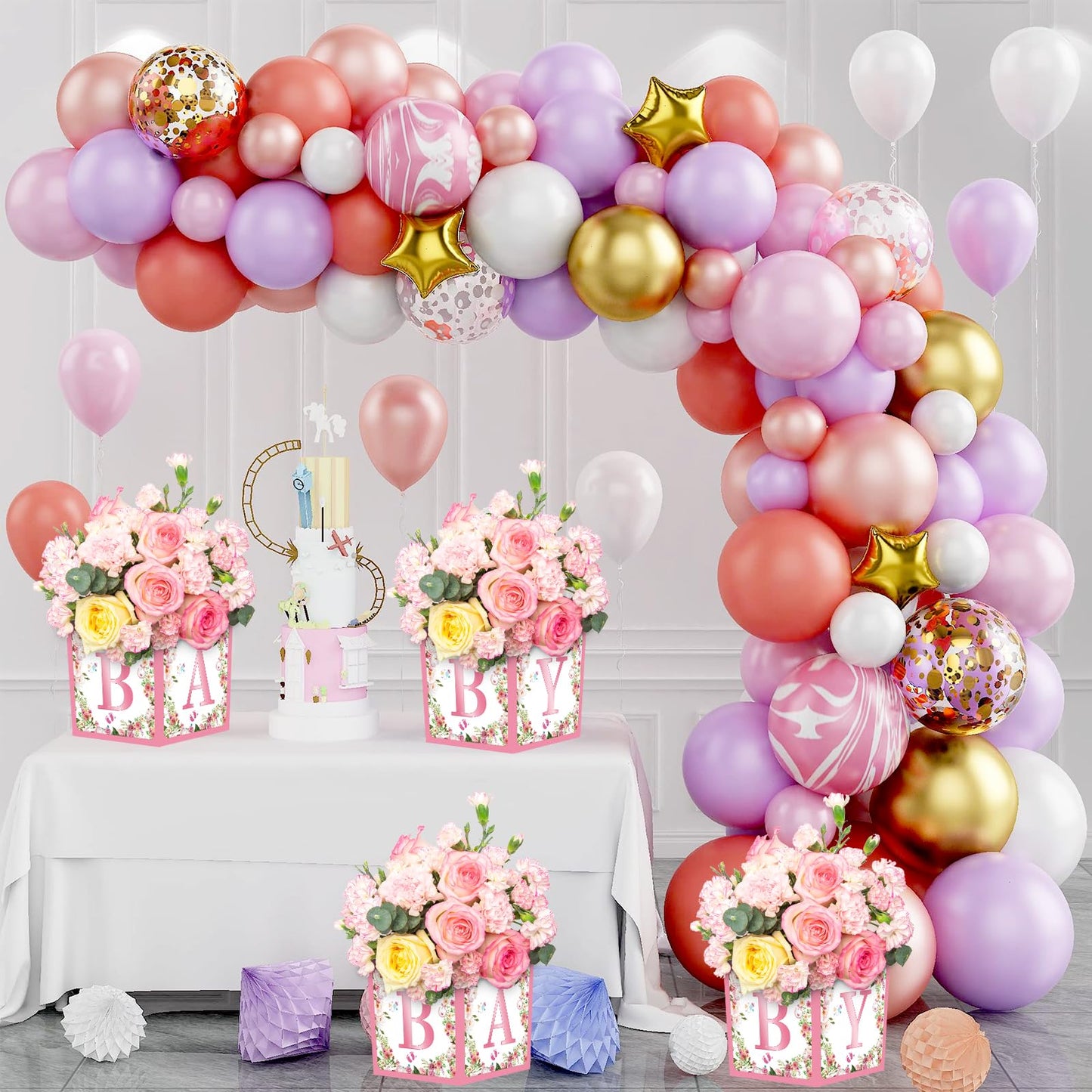 Jremreo 6 Pack 7x7x7 Inches Pink Floral Baby Shower Centerpiece Boxes