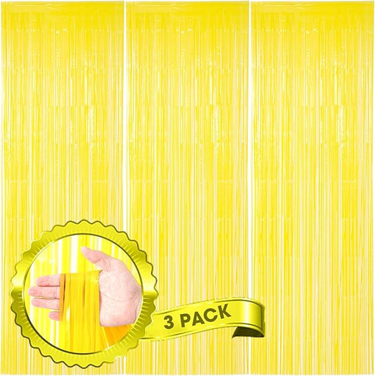 Voircoloria 3 Pack 3.3 x 8.2 ft Pastel Yellow Foil Fringe Backdrop