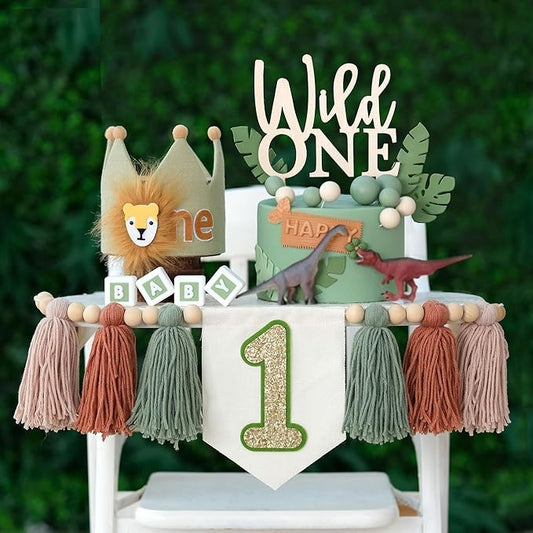 Wild One 1st Highchair Wood Bead Tassel Garland Lion Crown Hat