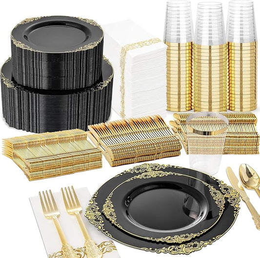 Nervure 350PCS Black Plastic Plates - Black Plastic Dinnerware Sets