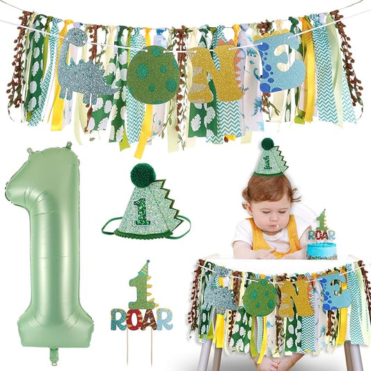Dinosaur Highchair Banner for First Birthday Party Decorations Green