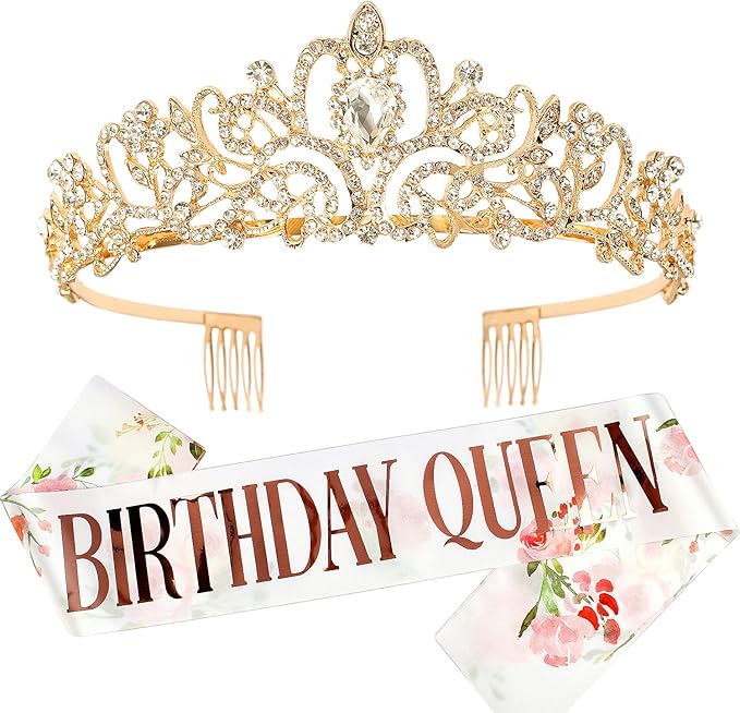 Gold Prom Queen Tiara Crown for Women, Happy Birthday Flower Crown