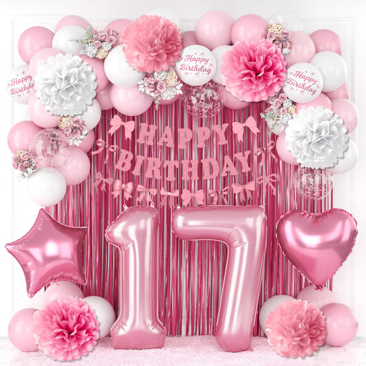 17th Birthday Decorations for Girls Pink Number 17 Balloon Bow