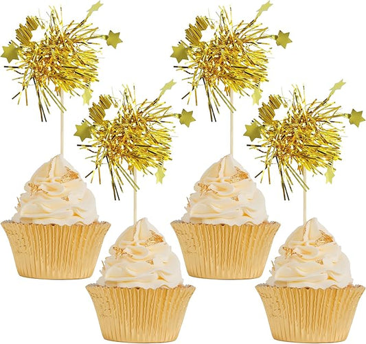30Pcs Star Foil Firework Cupcake Toppers Sparkle Tinsel Cake