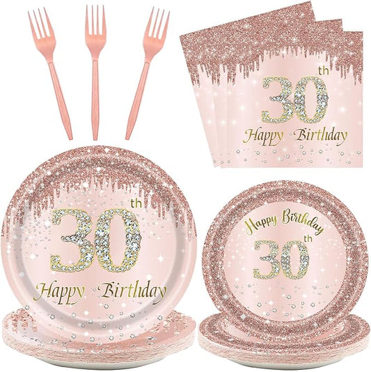 24 Sets 30th Rose Gold Birthday Party Decrations for Women 30