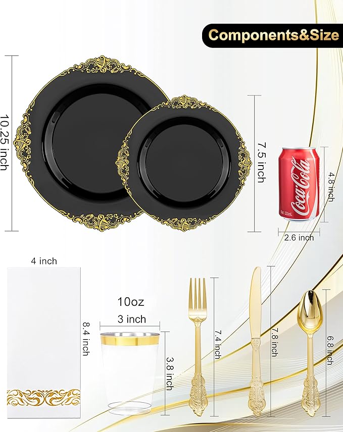 Nervure 350PCS Black Plastic Plates - Black Plastic Dinnerware Sets