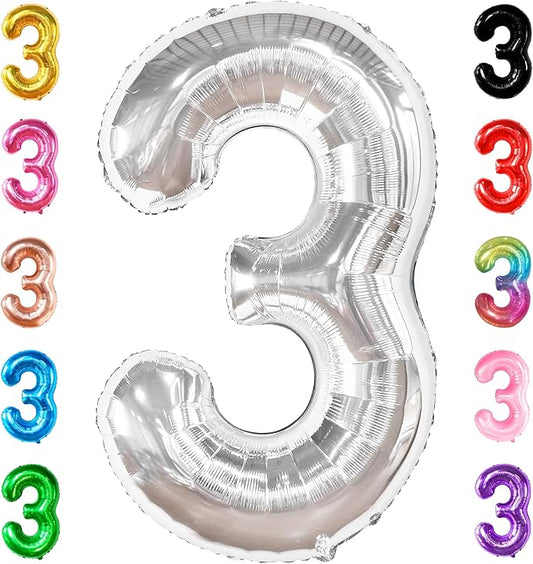 Big Silver Number 3 Balloon - 40 Inch | 3rd Birthday
