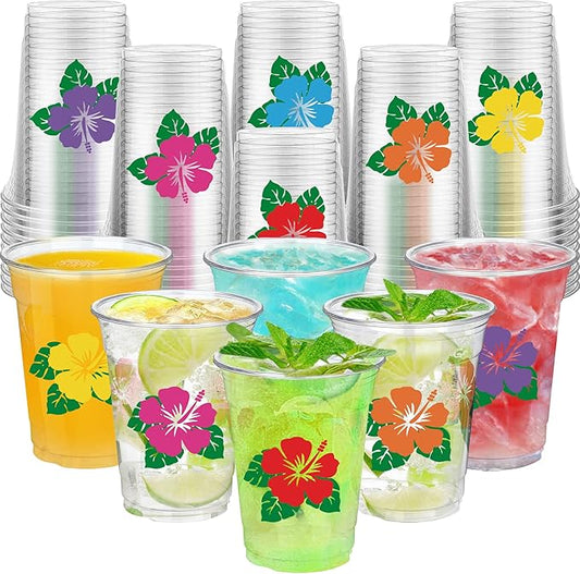48 Pcs Hawaii Luau Cups 12 oz Plastic Tropical Floral Cups Hawaiian